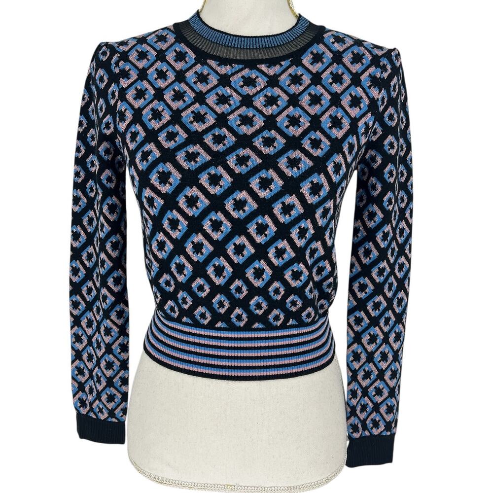 Diane von Furstenberg Merino Wool Blend Cropped Metallic Printed Sweater - Picture 8 of 13